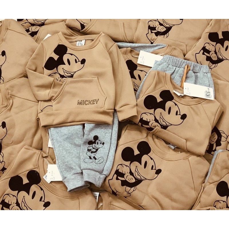 Bộ nỉ bông Mickey nâu cho bé trai size từ 10-22 cân