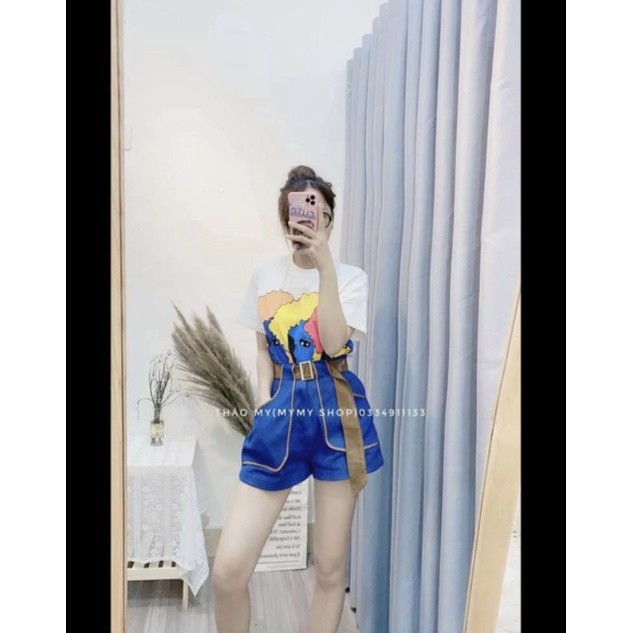 Set Áo Cô Gái Mix Quần Short Xanh Kèm Thắt Lưng | BigBuy360 - bigbuy360.vn