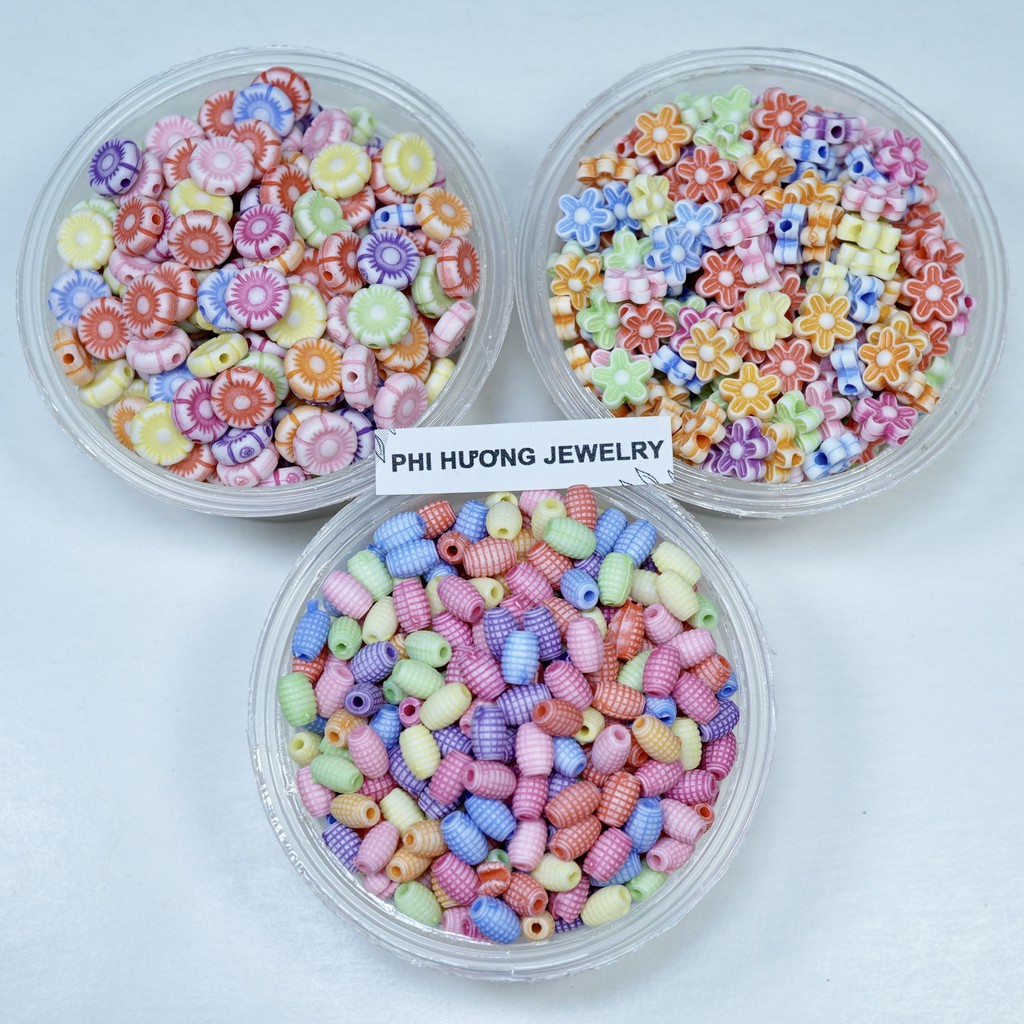 Gói 10-25gr hạt cườm nhựa xỏ vòng nhiều hình dạng nhiều màu sắc