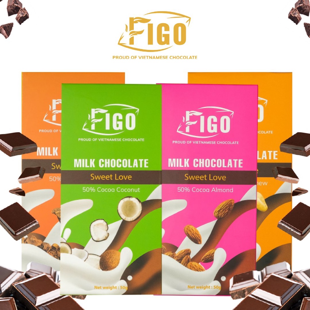 (4 VỊ-SIÊU NGON) Kẹo Socola sữa 50% Cacao FIGO nhân Hạt điều, Hạt hạnh nhân, Sữa dừa; Hạt Nibs giòn tan béo 50gr