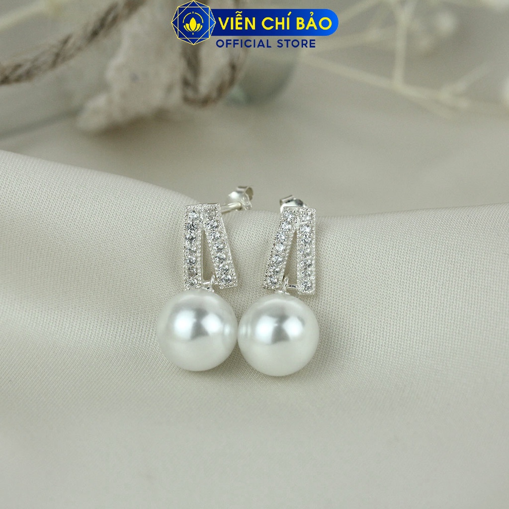 Bông tai bạc nữ Trái châu viền đá lấp lánh chất liệu bạc 925 thời trang phụ kiện trang sức nữ Viễn Chí Bảo B400021