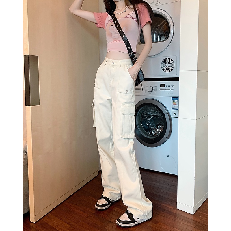 Quần Denim Lưng Cao Ống Rộng Phối Túi Cá Tính Dành Cho Nữ