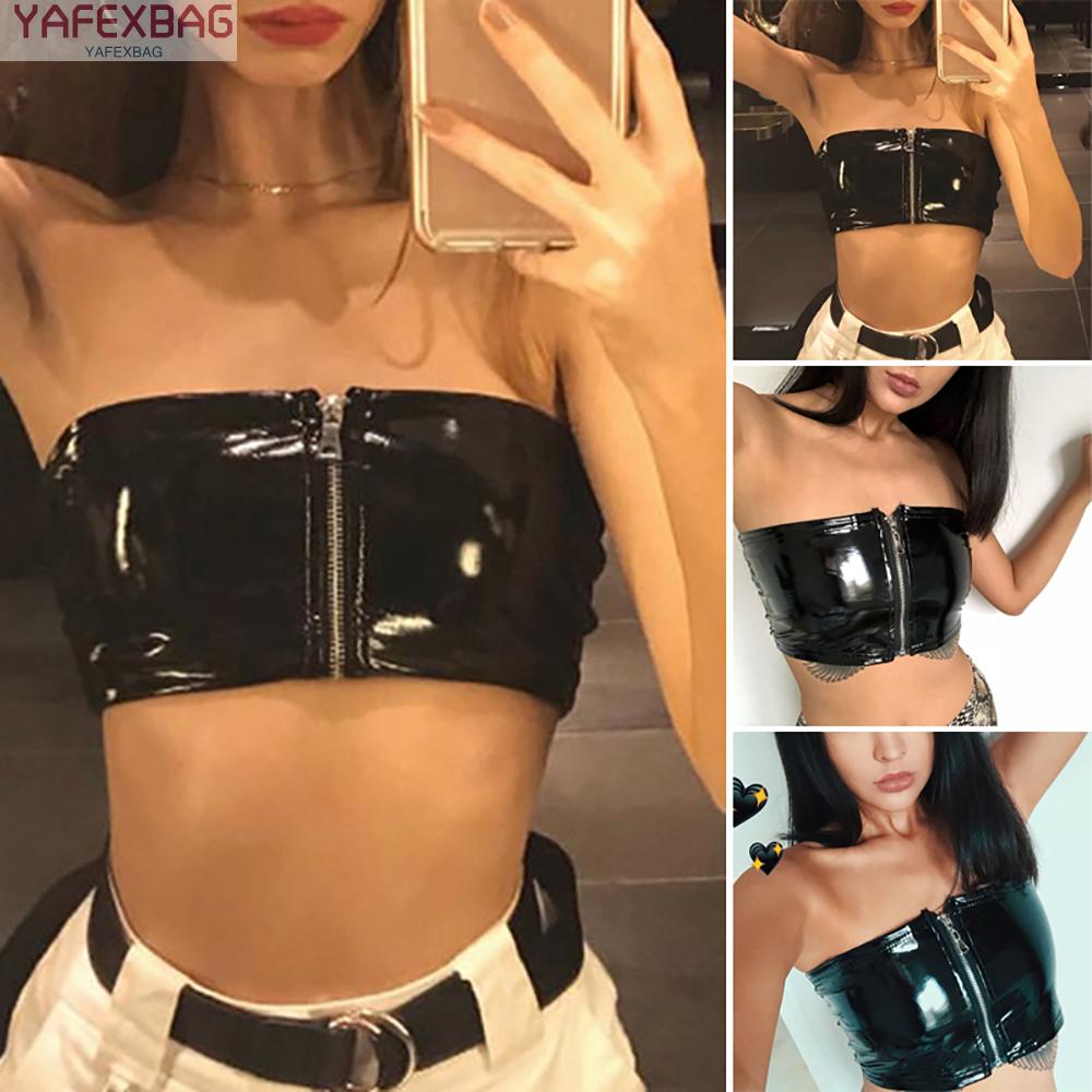 Crop tops Sexy Boob Tube Party PU leather Tops Bra Vest Zipper Short Crop tops Strapless Faux leather Clubwear