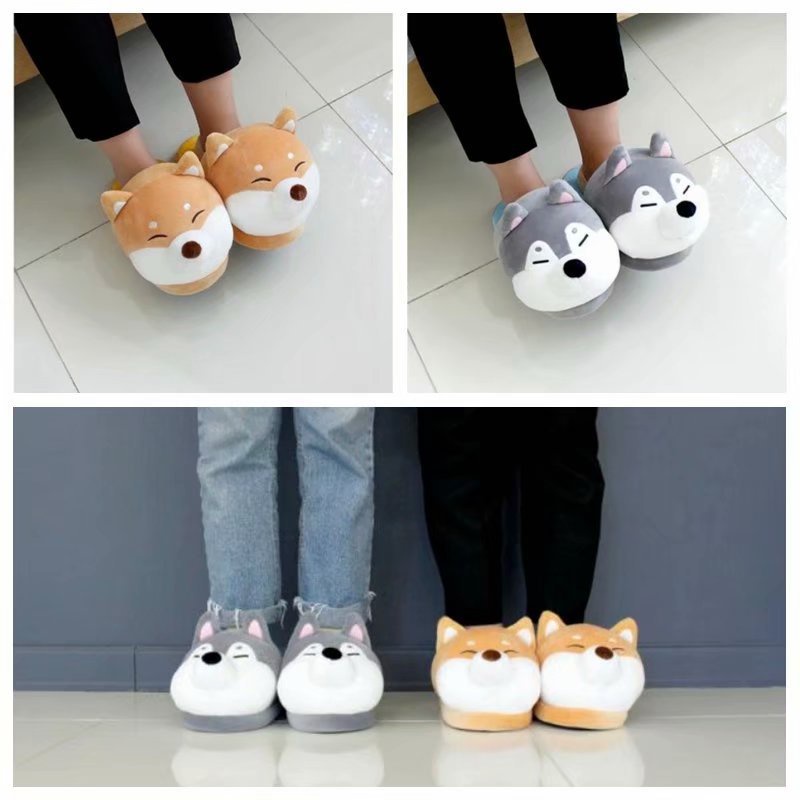 🐮🐮 Dép Bông Đi Trong Nhà Giữ Ấm Mềm Mại Hình Cún Shiba Inu Husky Hoạt Hình 1021