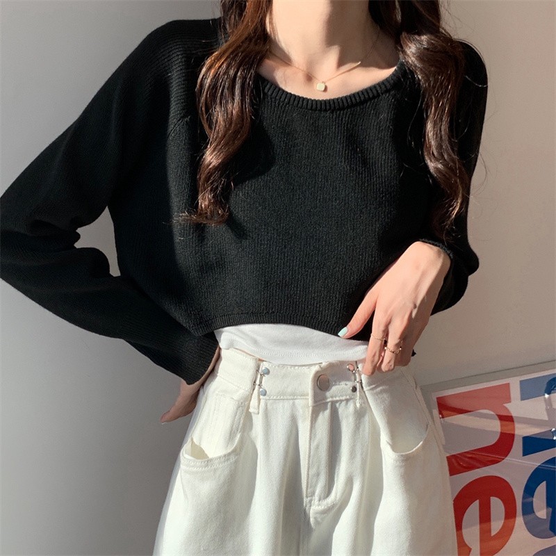 QADCOL Áo khoác ngắn đan dệt kim tay dài thời trang nữ