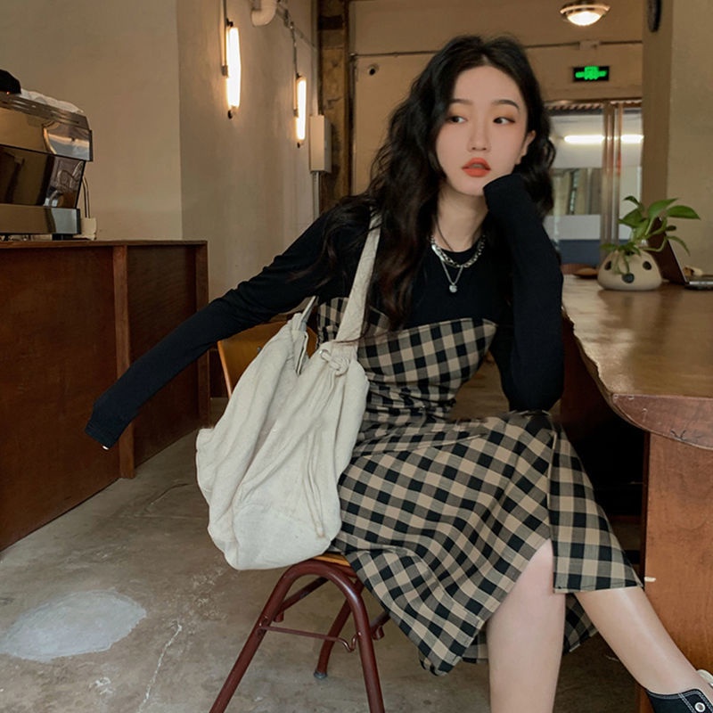 Set Váy Liền Kẻ Đen Vàng ⚡️ẢNH THẬT⚡️ Đầm Nữ Chất Cotton, Tay Dài, Dáng Xinh Cho Nữ