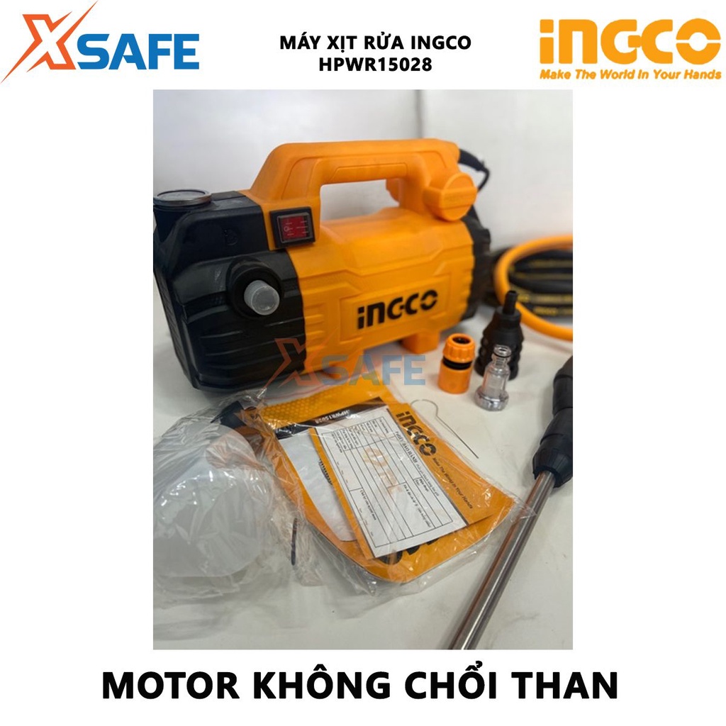 Máy xịt rửa INGCO HPWR15028 Máy rửa xe công suất 1500W, motor từ dây đồng không chổi than, kèm theo bộ súng xịt - XSAFE