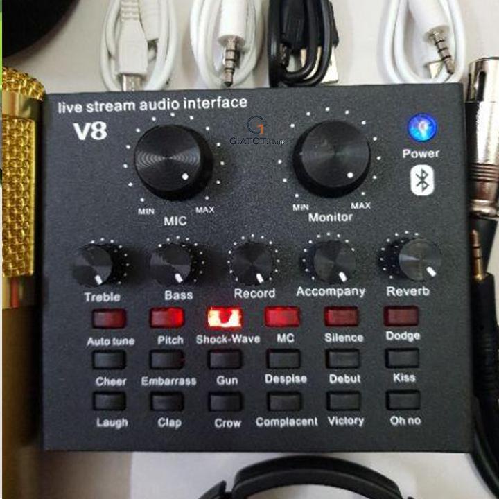 (Sỉ&amp;lẻ) Sound card V8 cao cấp có kết nối không dây bluetooth dành cho míc thu âm.