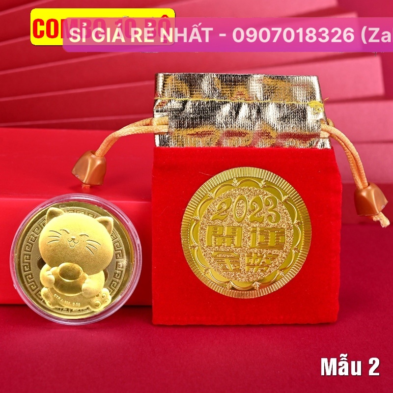 Combo 10 Xu con mèo vàng + túi gấm 2023 làm quà tặng, đồng nghiệp khách hàng Tết Quý Mão - Mẫu 2