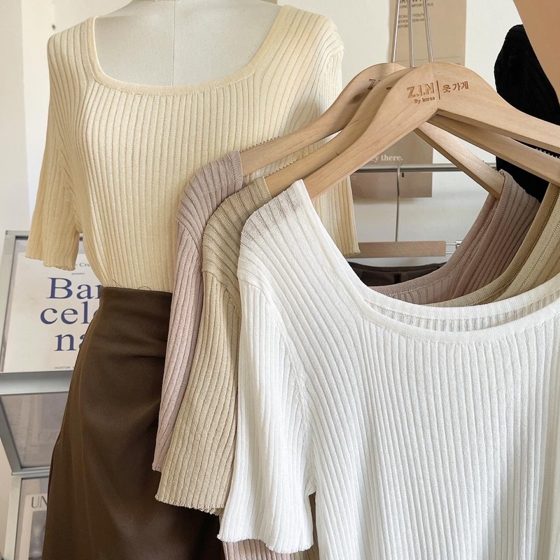 Áo montagut cổ vuông, bảng màu vintage chất mát