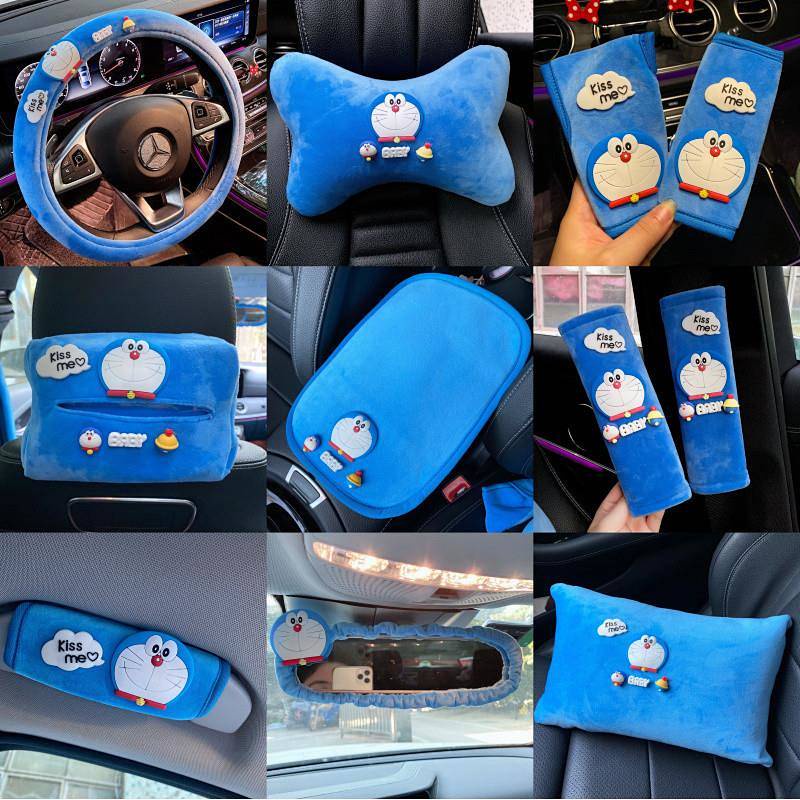 Bộ vỏ bọc tay lái/ phanh xe bằng lông nhung họa tiết Doraemon màu xanh dương thời trang dành cho nữ
