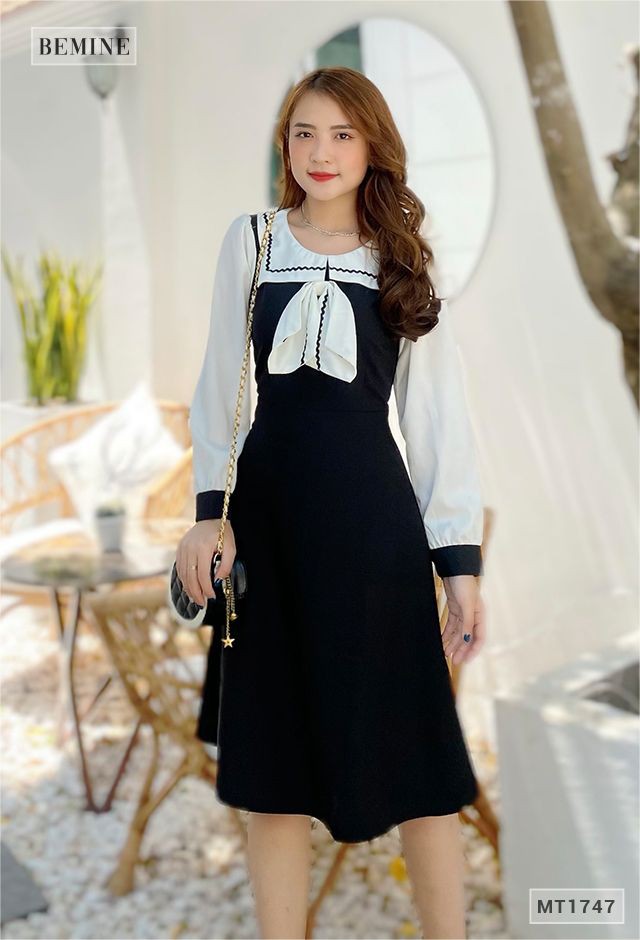Đầm cổ vuông thủy thủ tay dài phối BEMINE MT1747DEN | BigBuy360 - bigbuy360.vn