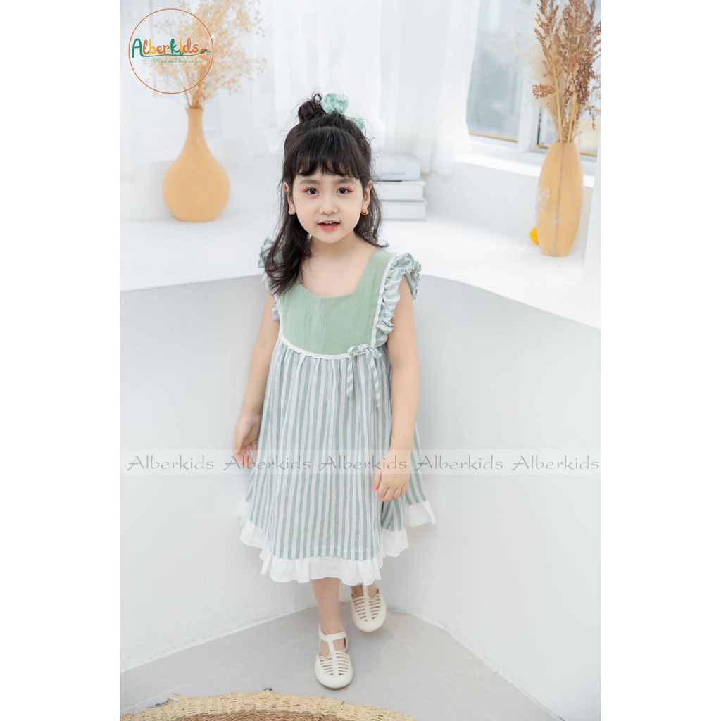 Váy Đầm Cho Bé Gái Kẻ Sọc Trắng Xanh Green Dress Cho Bé Từ 2-10T Alber Kids