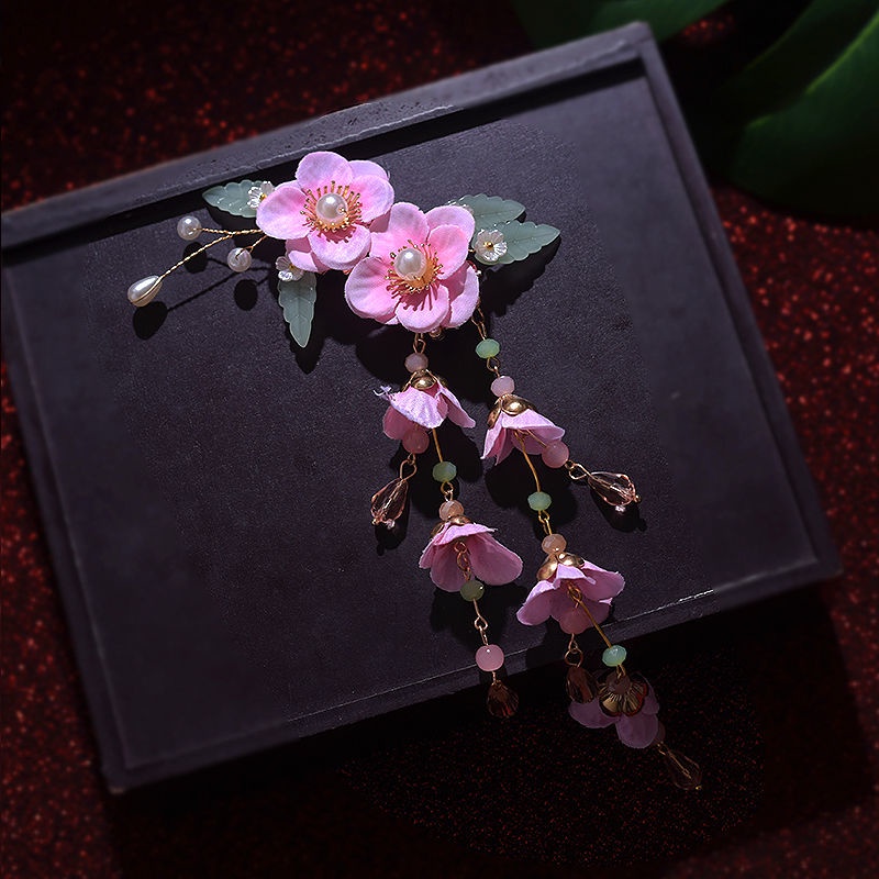 Kẹp tóc phong cách cổ trang Hán phục xuân hè hình hoa đào lủng lẳng dễ thương phụ kiện cho nữ