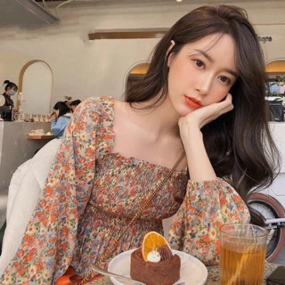 Áo nhún hoa chất voan lụa đẹp