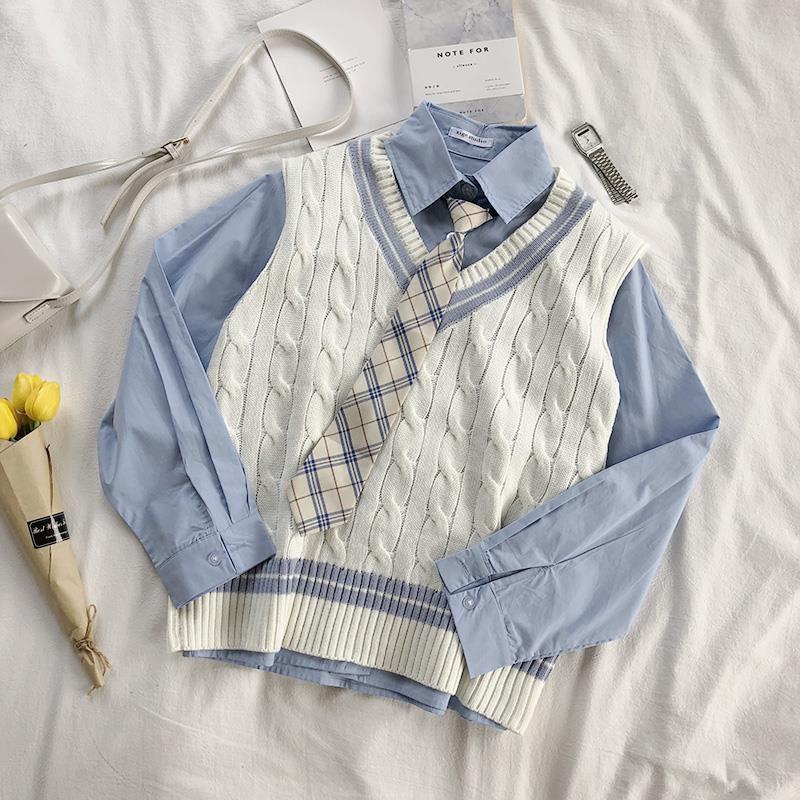 Set Áo Sơ Mi Tay Dài Phối Cà Vạt + Áo Len Không Tay Cổ Chữ V Phong Cách Hàn Quốc