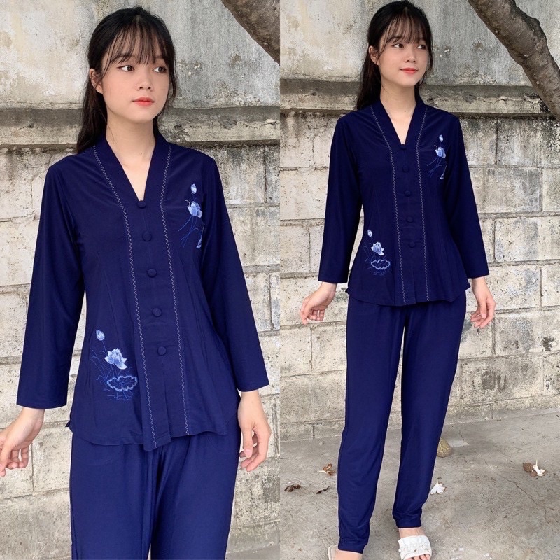 Đồ lam đi chùa ## Bà lai chui đầu ✅✅ thêu sen vải thun