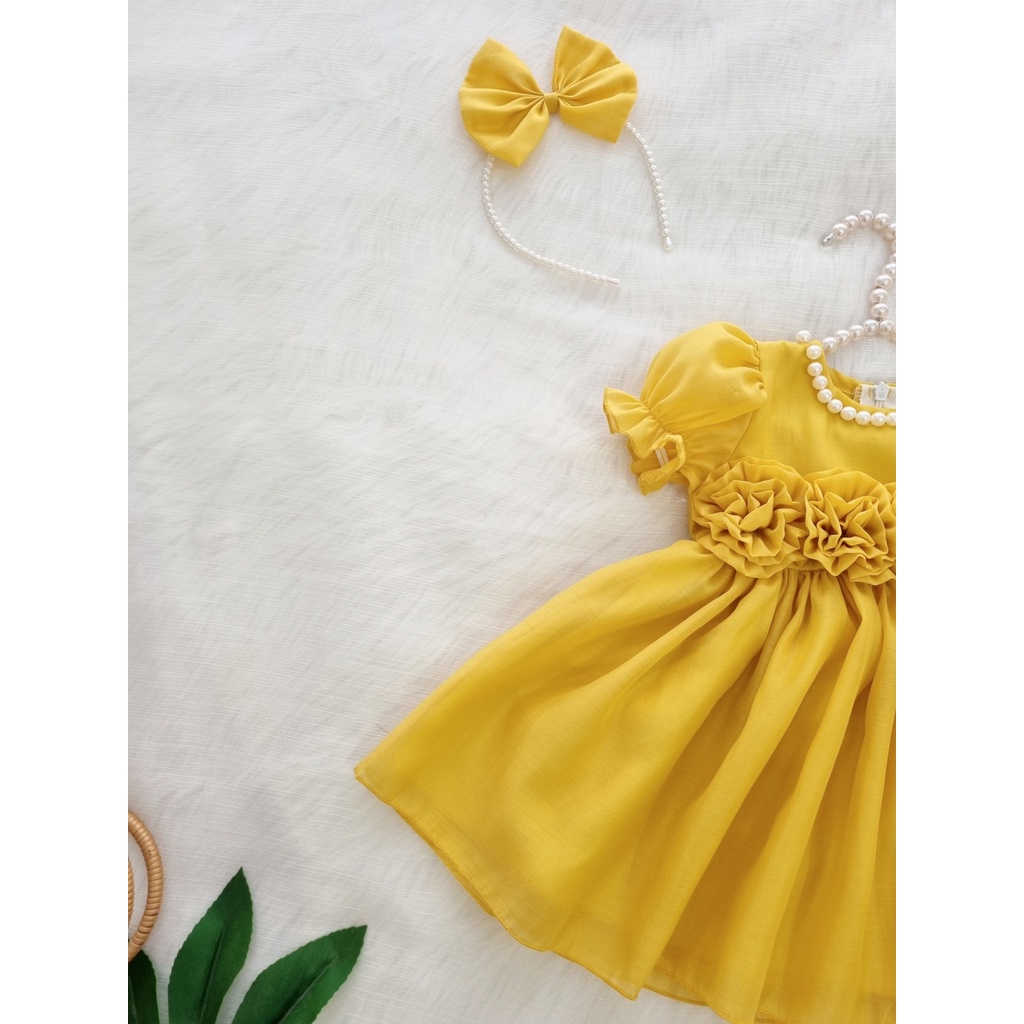 Đầm công chúa cho bé gái kèm bờm tóc chất liệu cao cấp ⚡𝗙𝗥𝗘𝗘𝗦𝗛𝗜𝗣⚡ Váy trẻ em màu vàng kiểu dáng bồng bềnh siêu sang