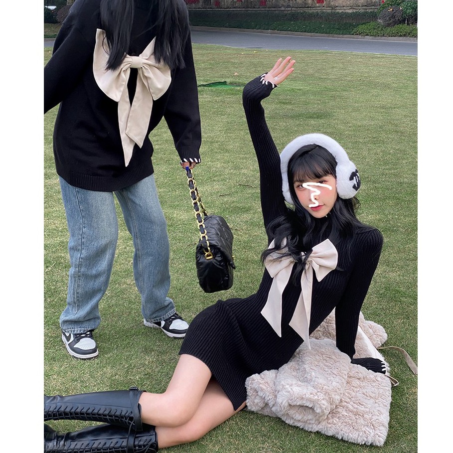 Áo len dáng rộng/ đầm dệt kim đính nơ kiểu Hàn Quốc dễ thương