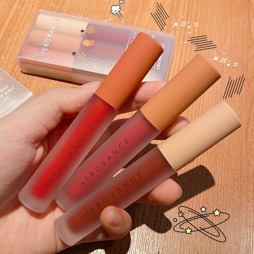 Set 3 son kem lì HERORANGE chất velvet mịn lì Fluffy Lip Glaze