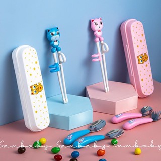 Bộ thìa, đũa, muỗng inox cao cấp cho bé tập ăn dặm happy cat - đũa tập gắp xỏ ngón cho trẻ tập ăn