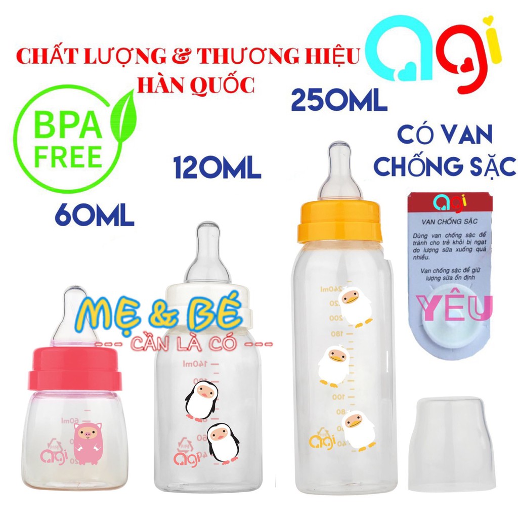 BÌNH SỮA  AGI CÓ VAN CHỐNG SẶC 60ML/120ML/240ML NHỰA PP BPA FREE