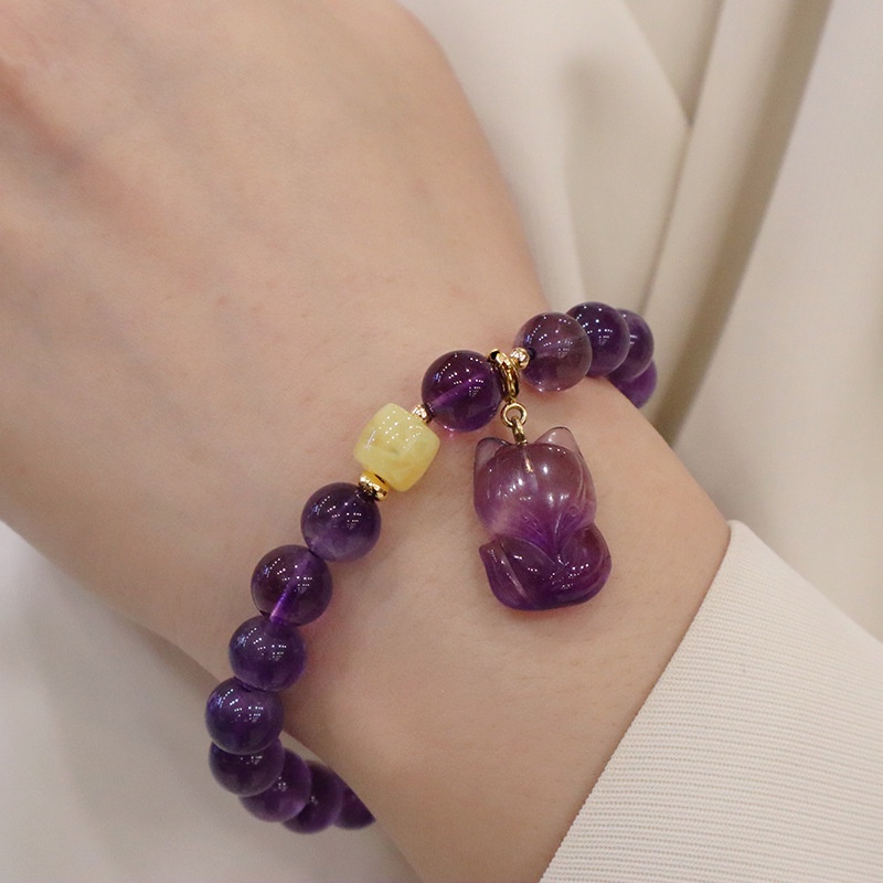 [Hàng Mới Về] Vòng Tay Chuỗi Hạt Thạch Anh Tím Cảm Giác Chạm Khắc Hình Cáo
