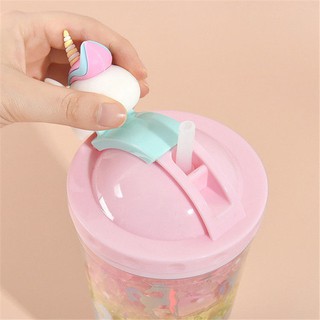 ☃Ly Nước Nhựa Hai Lớp Nắp Trượt Họa Tiết Kỳ Lân Hoạt Hình Dễ Thương Sáng Tạo Dành Cho Mùa Hè