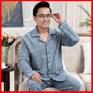 bộ đồ ngủ nam mùa xuân, thu đông cotton dài tay cho người trung niên và người già cộng với size bộ đồ phục vụ tại nhà ch