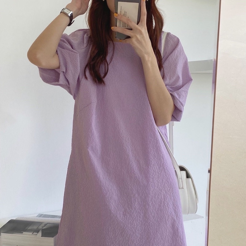 Đầm Suông Cổ Tròn Tay Phồng Váy Suông Dáng Dài Màu Trơn Thanh Lịch Phong Cách Hàn Quốc