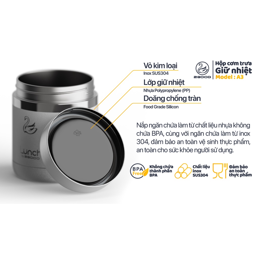 Bộ 3 hộp cơm trưa giữ nhiệt 2Good A3 - 1140ml - Tặng kèm muỗng nĩa