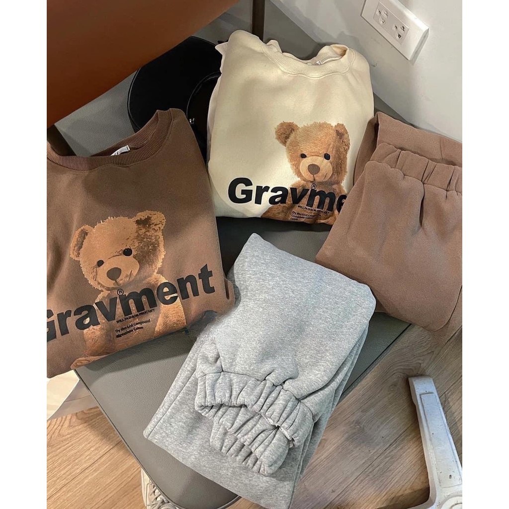 Set nỉ bông nữ in gấu 3D GRAVIME - Áo sweater nữ form rộng và quần nỉ nữ ống bom