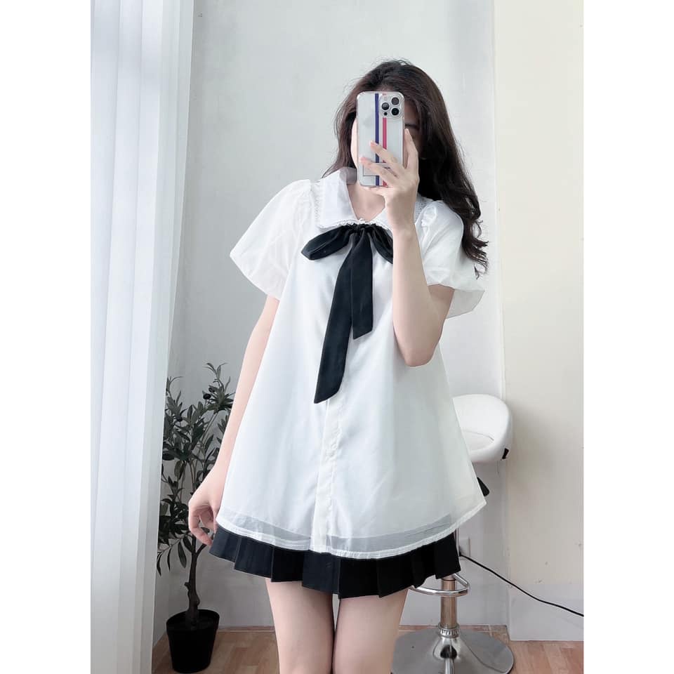 [Ảnh thật Áo váy babydoll voan giấu quần cổ bèo thắt nơ dáng xòe