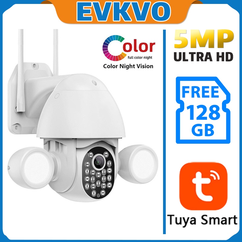 【Free 128G SD Card】 EVKVO Tuya Smart Life APP 5MP Full Color Night Vision WIFI IP Camera Wireless Outdoor PTZ CCTV IP Security Camera Home Surveillance Camera With Floodlight