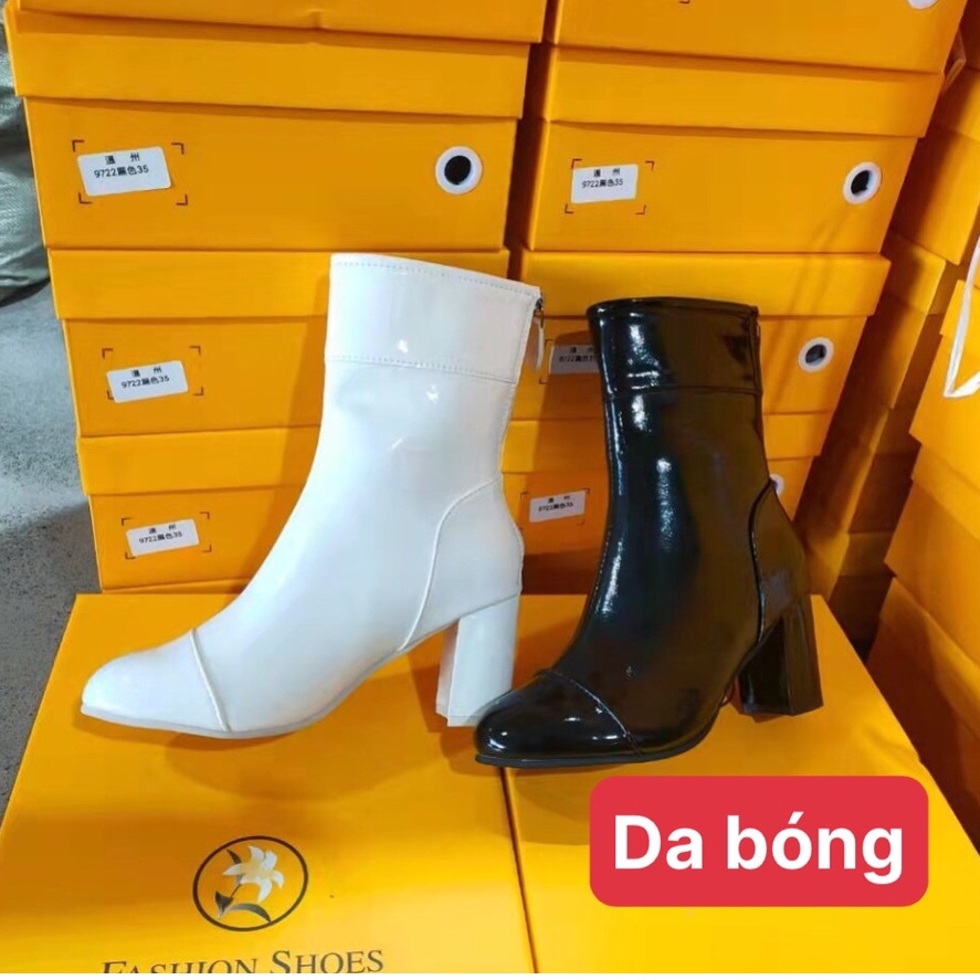 Boot Nữ Cổ Cao Da Bóng Loại Đẹp Bốt Nữ Cổ Đáp Gót Vuông Khóa Sau Hộp Vàng 9722