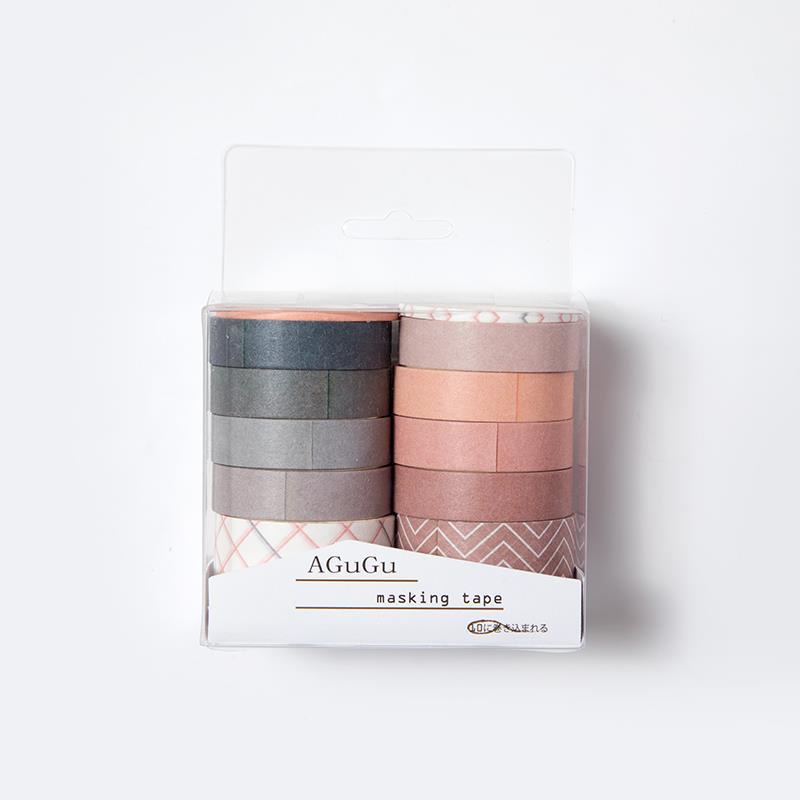 Set 10 washi tape Agugu băng keo giấy washi trơn và họa tiết nhiều màu trang trí sổ bullet journal