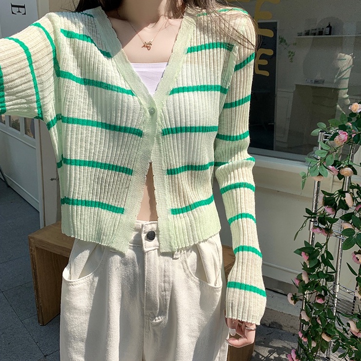Áo khoác cardigan ZHELIHANGFEI dệt kim tay dài chống nắng họa tiết kẻ sọc thời trang