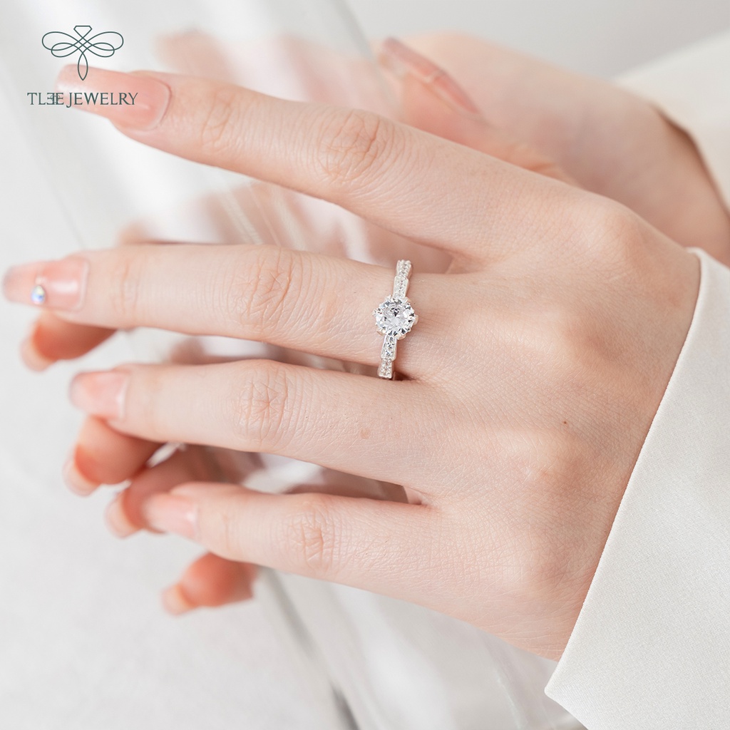 Nhẫn bạc nữ TLEE trụ đá tròn cao viền ziczac phân tầng sang trọng NCJ A0201