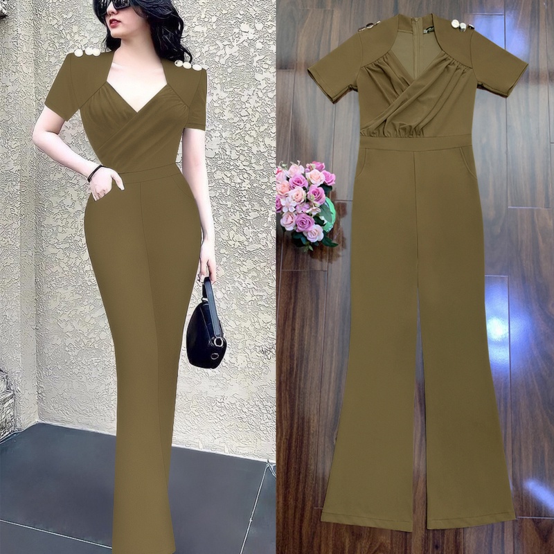 Jumpsuit nữ 💝FREESHIP💝  Jum dài ống loe xếp ly ngực vai phối nút xinh xắn J1171 | BigBuy360 - bigbuy360.vn