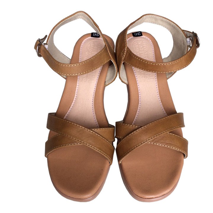 Sandal nữ da bò gót vuông 5cm Trường Hải màu vàng đế PU cao 5cm siêu nhẹ