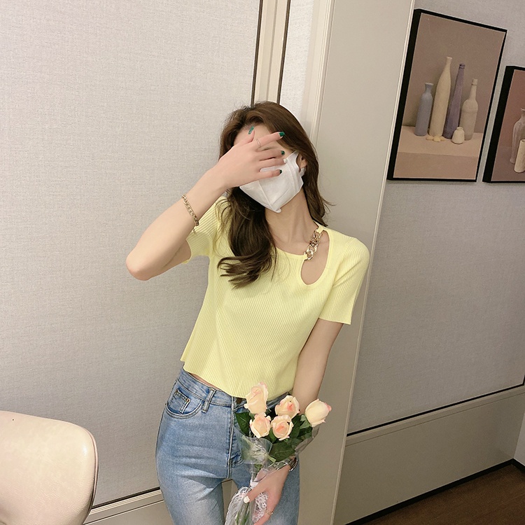 Áo thun ZHELIHANGFEI dệt kim ngắn tay eo cao thiết kế lệch tà cá tính