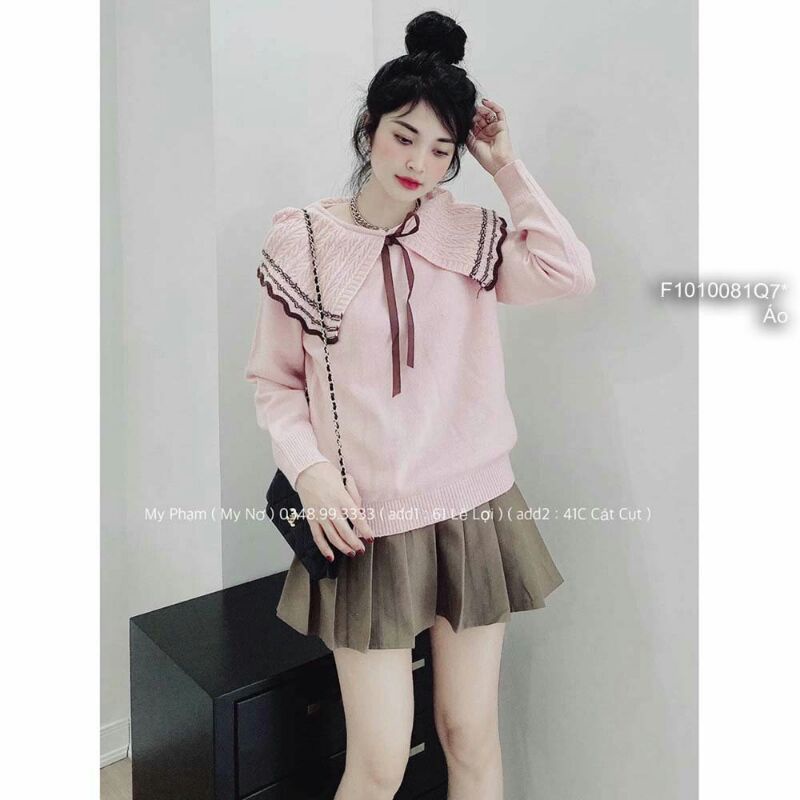 Áo len cổ bèo phối viền đính nơ tay dài hàng QC!Chất liệu: len