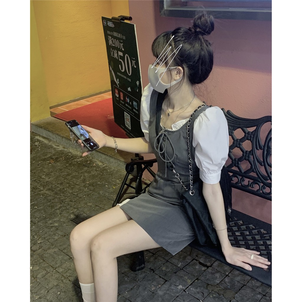 Đầm sơ mi nữ cổ vuông phối tay áo siêu xinh