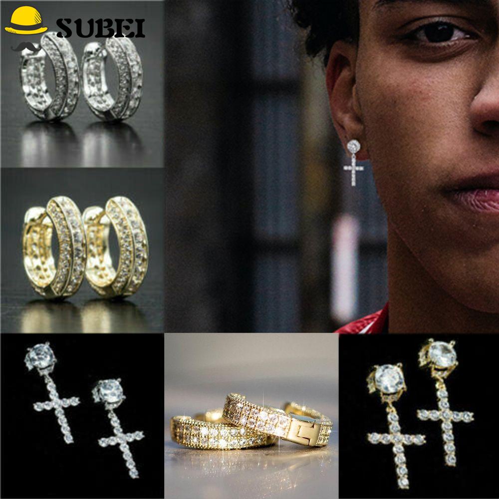 Khuyên tai tròn đính đá zircon hình thánh giá màu vàng và bạc thời trang cho nam nữ