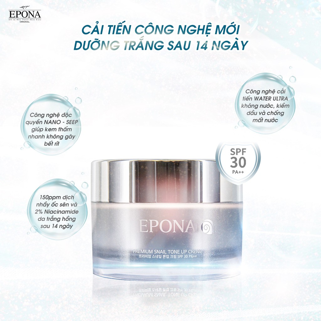 Kem Dưỡng Trắng EPONA Ốc Sên Nâng Tone Mỏng Nhẹ Tự Nhiên Chống Nắng Epona Premium Snail Tone Up Cream SPF 30 PA++  50ml