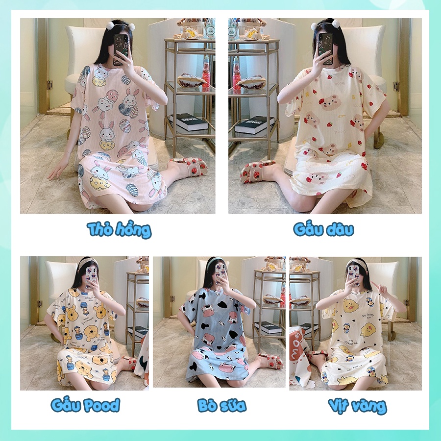 Váy ngủ nữ cộc tay dễ thương big size mặc nhà cao cấp chất gân tăm họa tiết hoạt hình xinh xắn VNN09