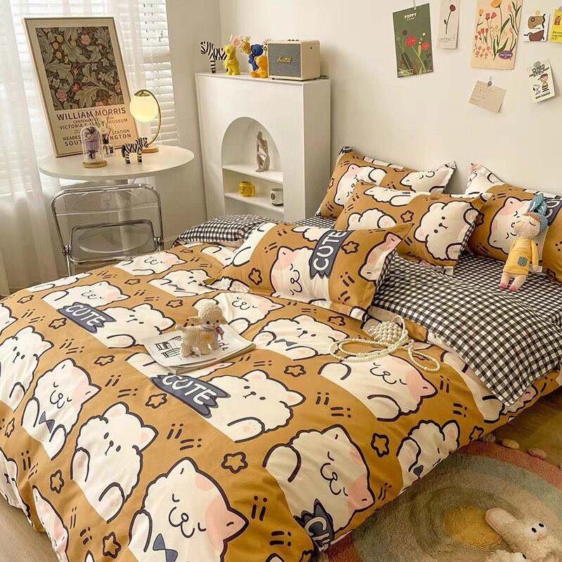 Bộ chăn ga gối Poly Cotton Cún trắng Caro  - Miễn phí bo chun mọi kích thước