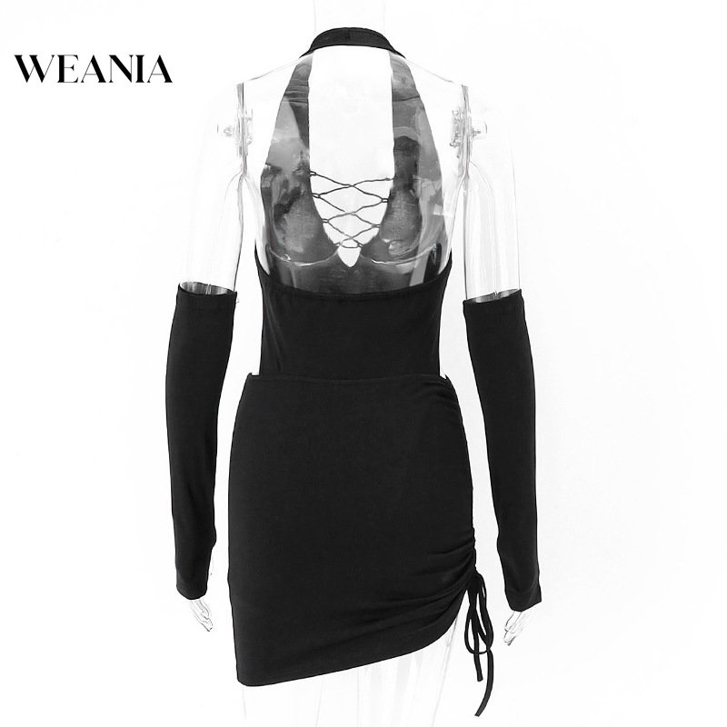 Bộ 3 Món Áo Liền Quần Hở Lưng Kèm Găng Tay Và Chân Váy Dây Rút Gợi Cảm Cho Nữ