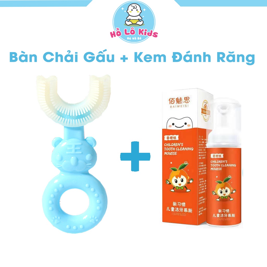 Set 2 chi tiết bàn chải Gấu đánh răng chữ u, kem đánh răng dạng bọt cho bé Hồ Lô Kids