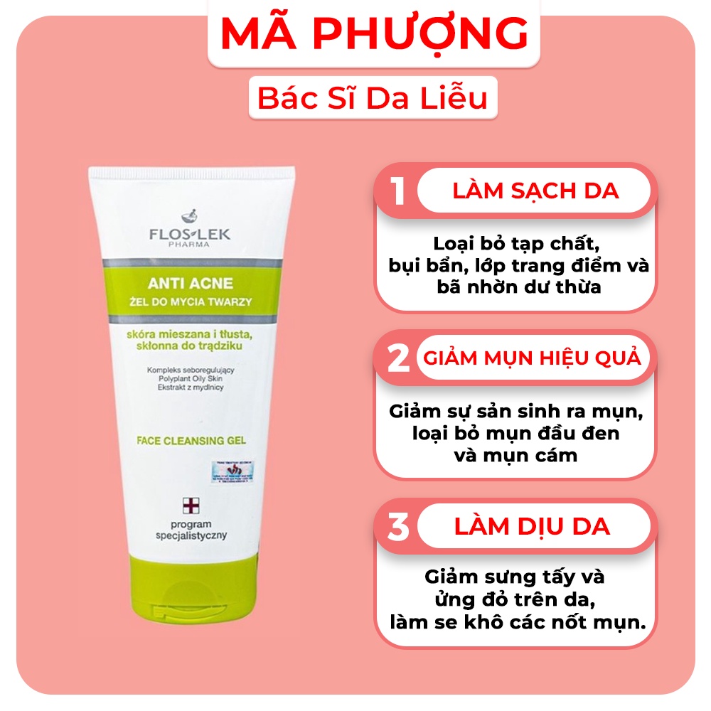 Sữa rửa mặt Floslek Anti Acne Face Cleansing Gel cho da dầu mụn - Hàng Chính Hãng - Dược mỹ phẩm bác sĩ Mã Phượng